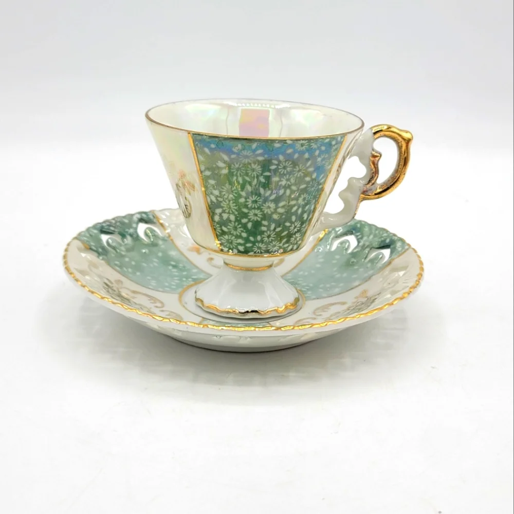 Japanese Lusterware Demitasse Cup Saucer Gold Trim Iridescent Floral Panels Vtg